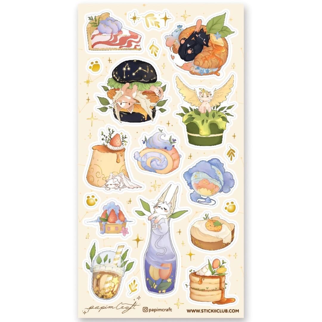 Celestial Cat Cafe – 1 Sticker Sheet – Food & Fantasy – New in Packaging
