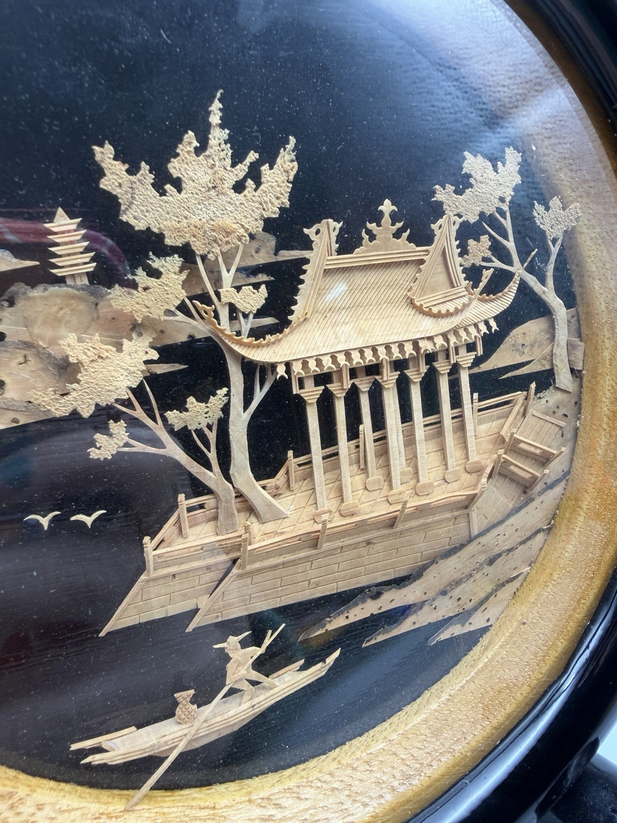 Vintage Traditional Chinese Handcarved Cork Pagoda Tree Framed Scupture Diorama