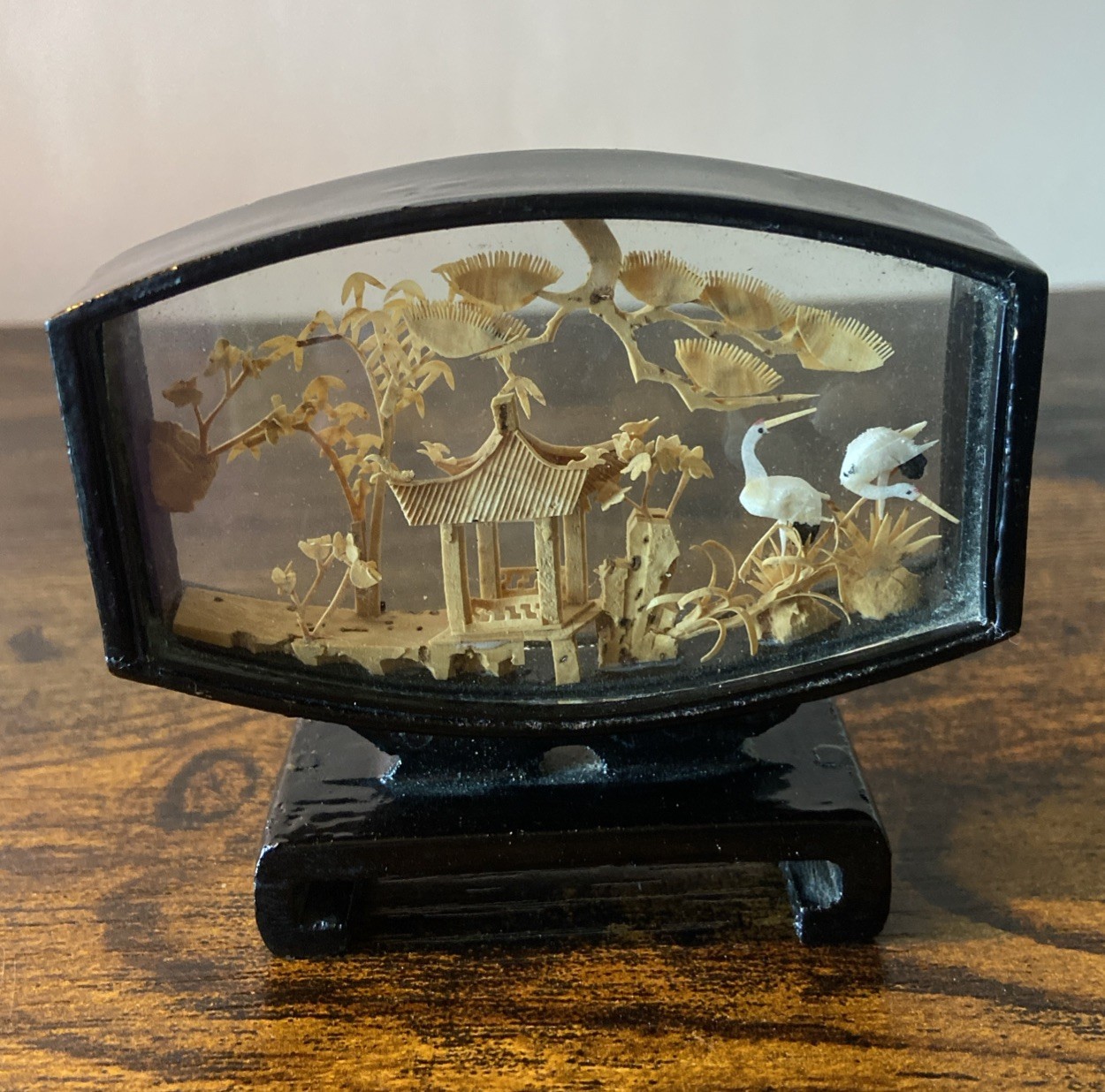 Carved Cork Chinese Art Diorama with Cranes Pagoda & Trees Black Lacquer Vintage