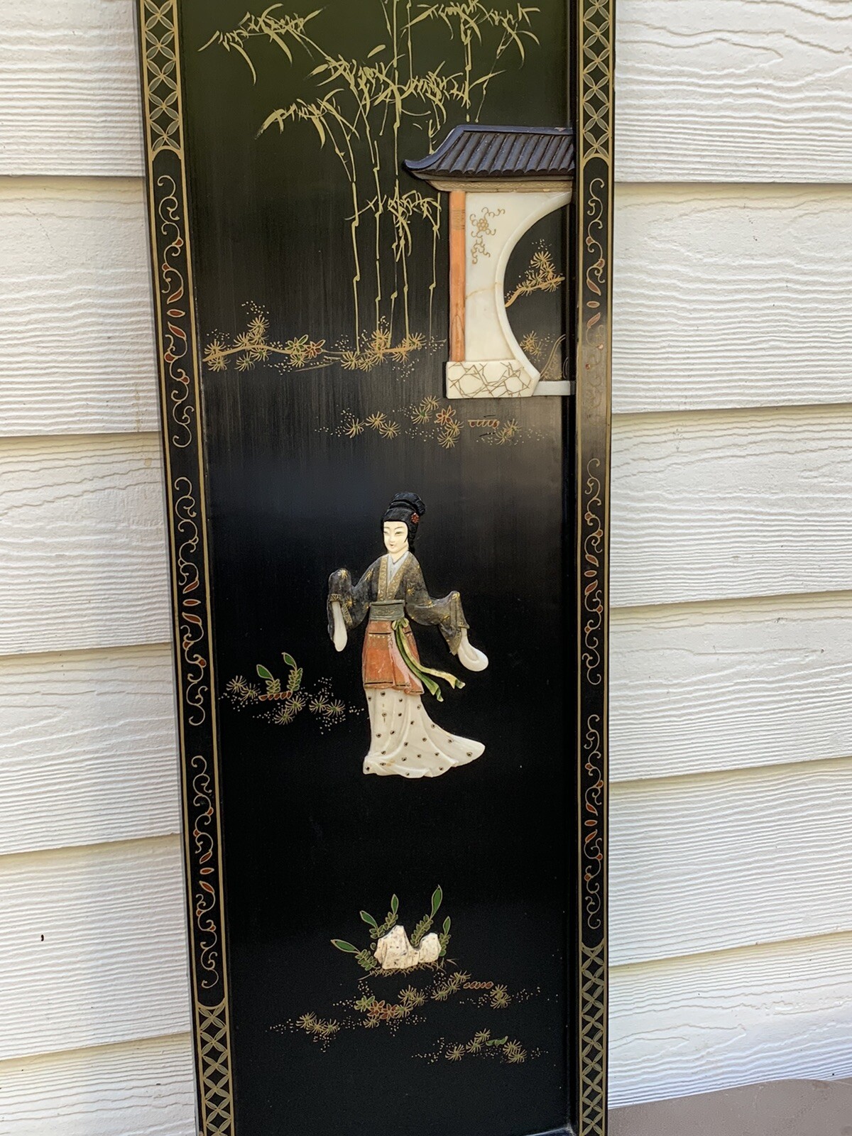 Vintage 1960’s Oriental Chinese Black Lacquer 3D Geisha Girls Wall Plaques