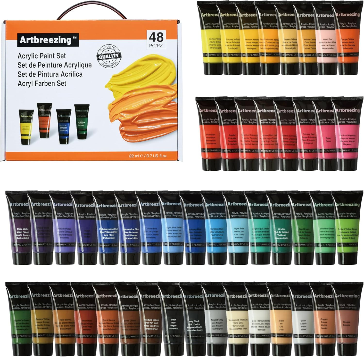 48 Colors Professional Acrylic Paint Set, Artist Paint Supplies | 22Ml Tubes, Pa
