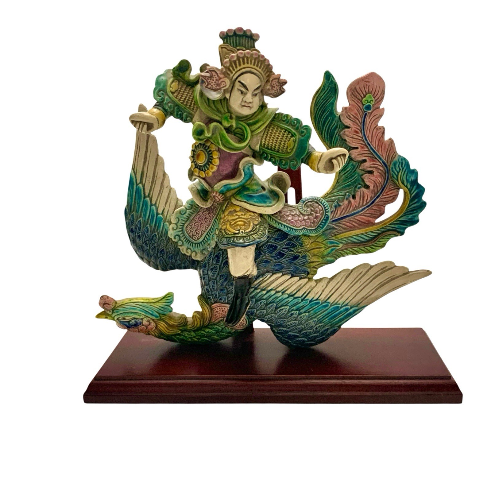 Chinese Figure on Phoenix Bird Oriental Roof Tile on Stand Vintage Asian Decor