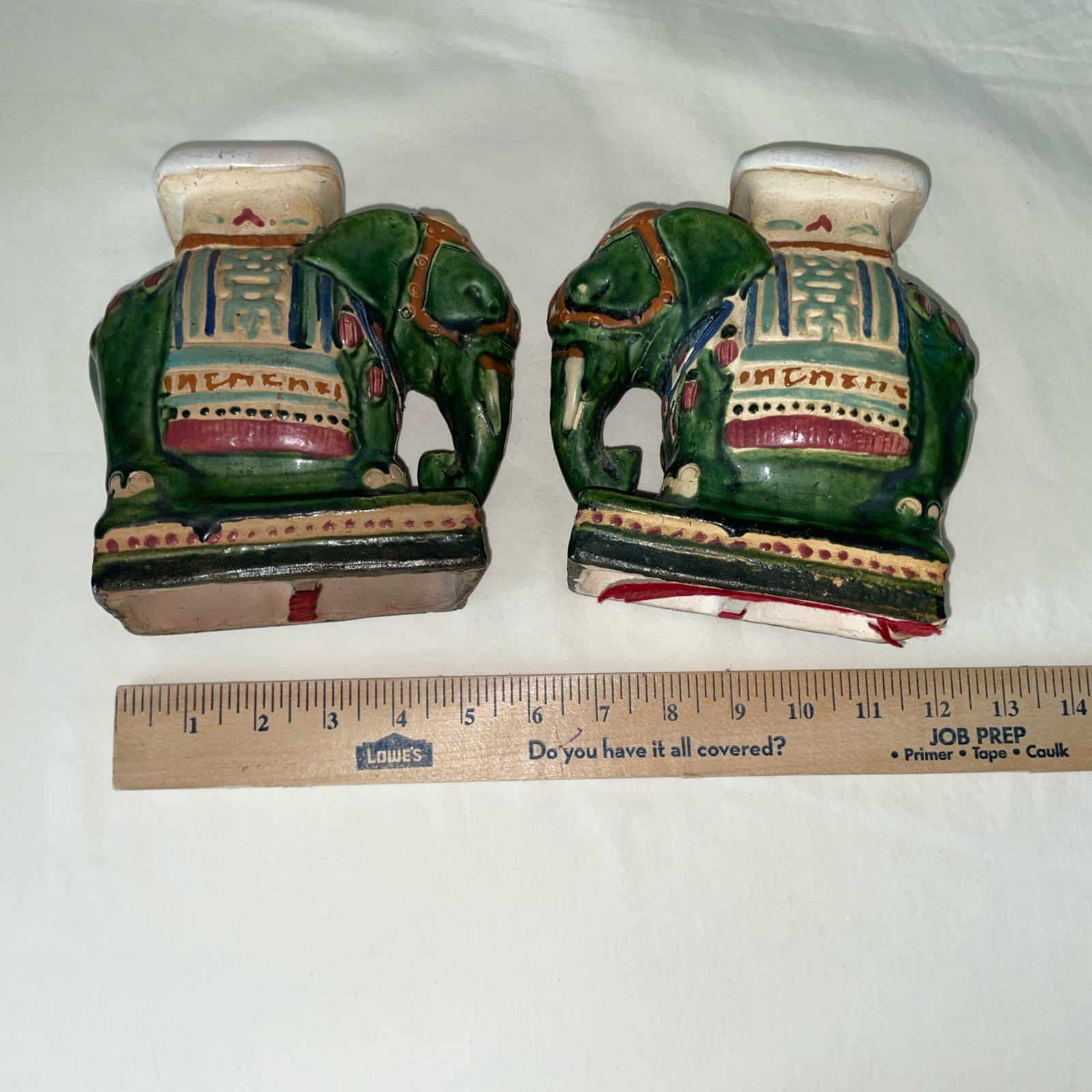 VTG Pr of Ceramic Hand Painted Majolica Asian Elephant Statue