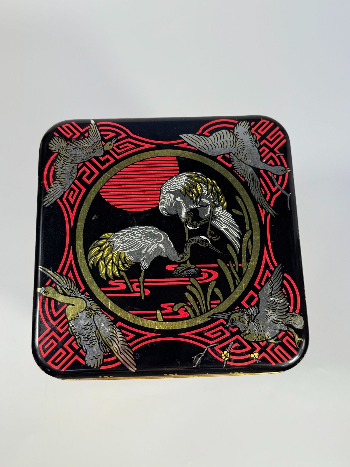 English Tea Tin Caddy Vintage 1970s Chinese Hinged Lid Black Red Gold Cranes Asi