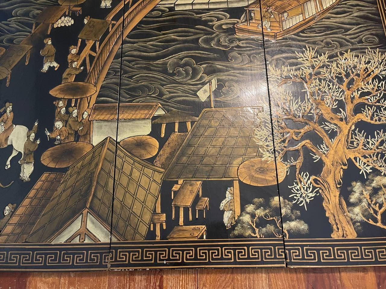 Vintage Chinese Hand Painted Lacquer Wall Panels Set of 4 Landscape Art – 4