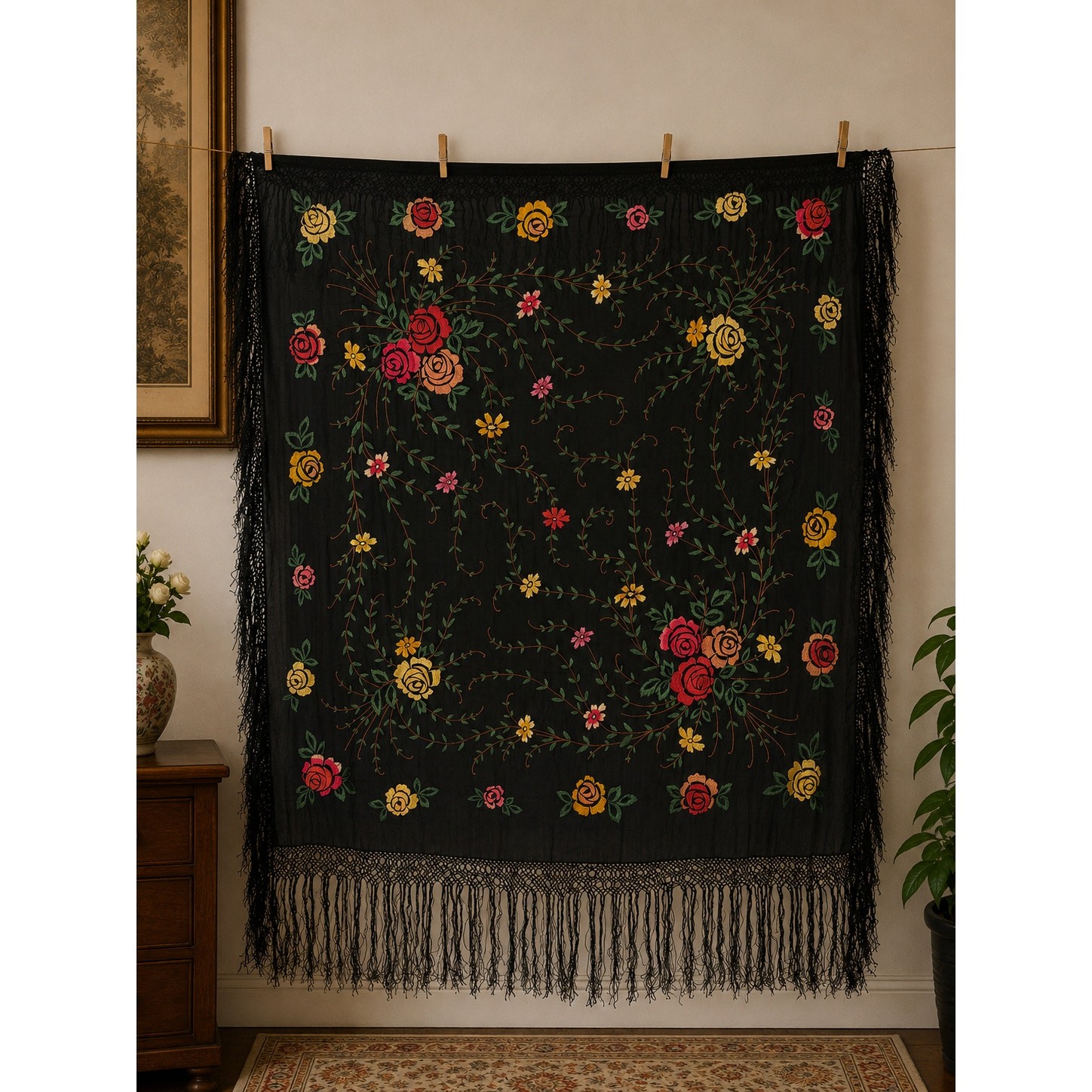 Vintage Chinese Hand Embroidered Floral Fringed Silk Piano Shawl 52x51in