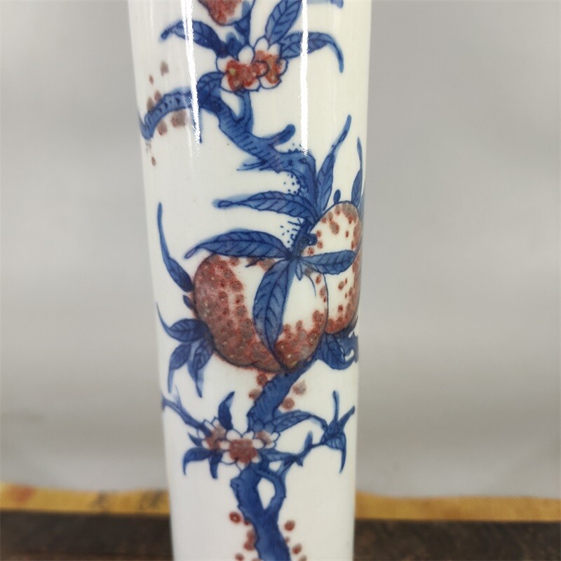 9.2″China Qing Blue White Porcelain Red Glaze Longevity Peach Bat Incense Tube