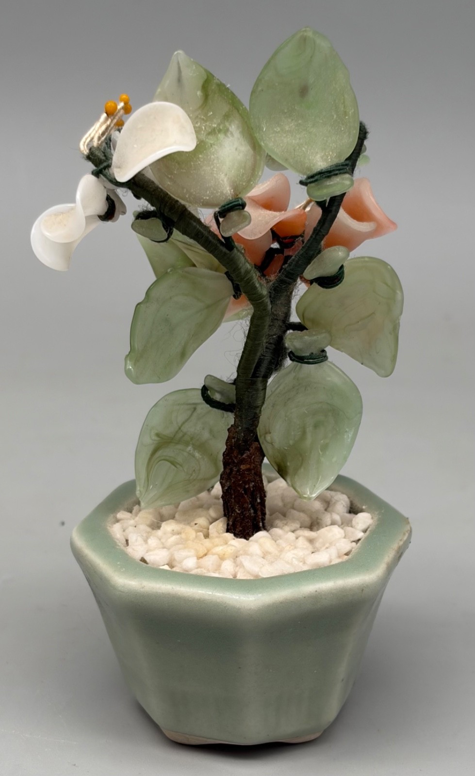 Vintage Miniature Chinese Bonsai Tree Carved Flowers & Leaves Jade 5 1/4″