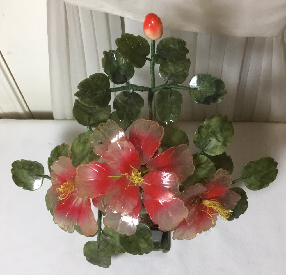 Vintage Chinese Hand Carved Jade Pink Flowering Bonsai Tree Plant14.5”H x 14”W