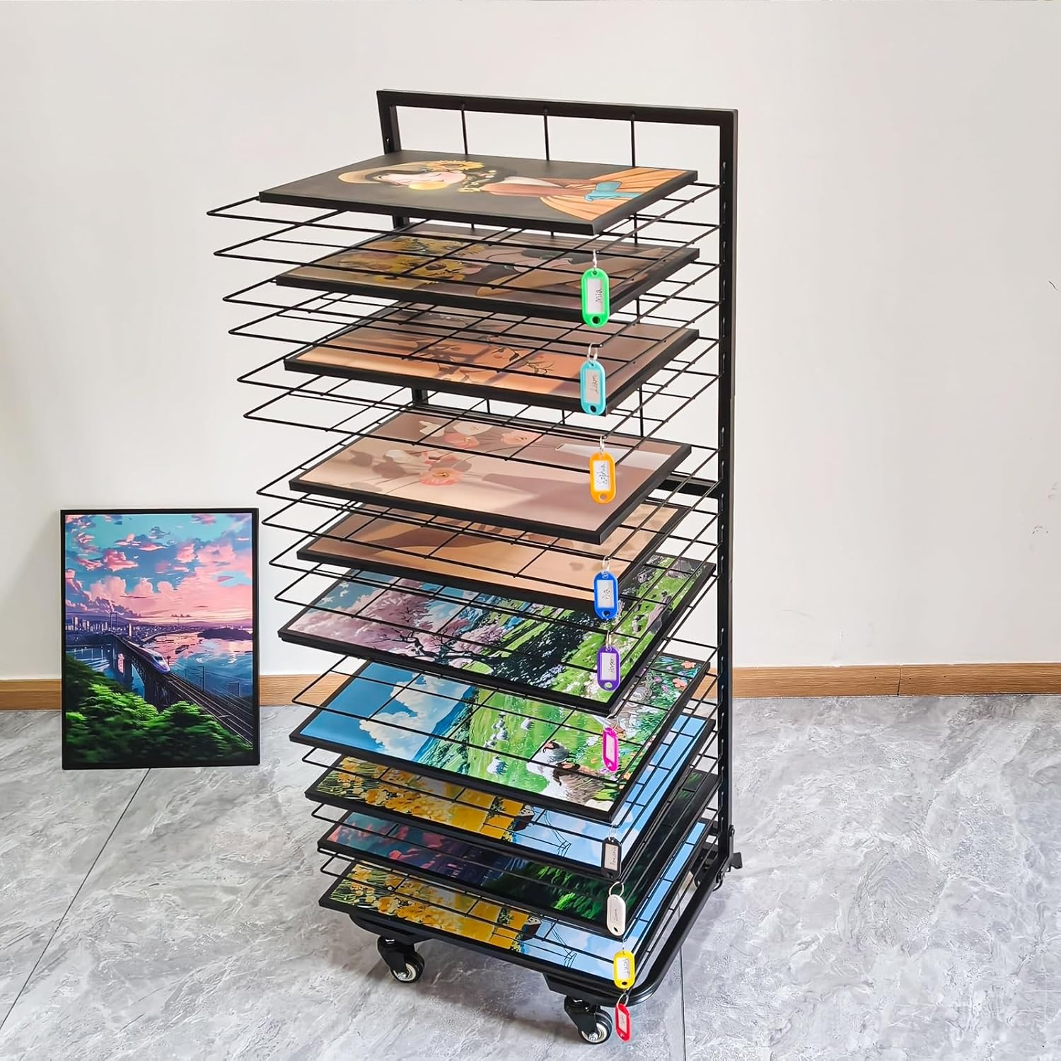 Art Drying Rack for Classroom,Paint Drying Rack On Wheels with 19 Removable Shel