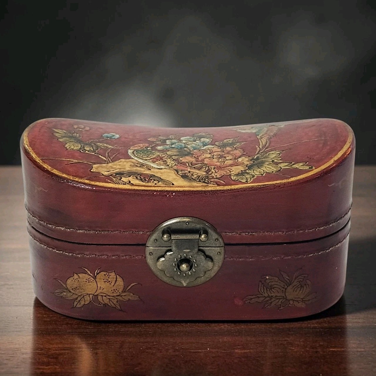 Antique/Vintage Chinese Lacquered Pillow Box Wood Brass Floral, Bird Motifs