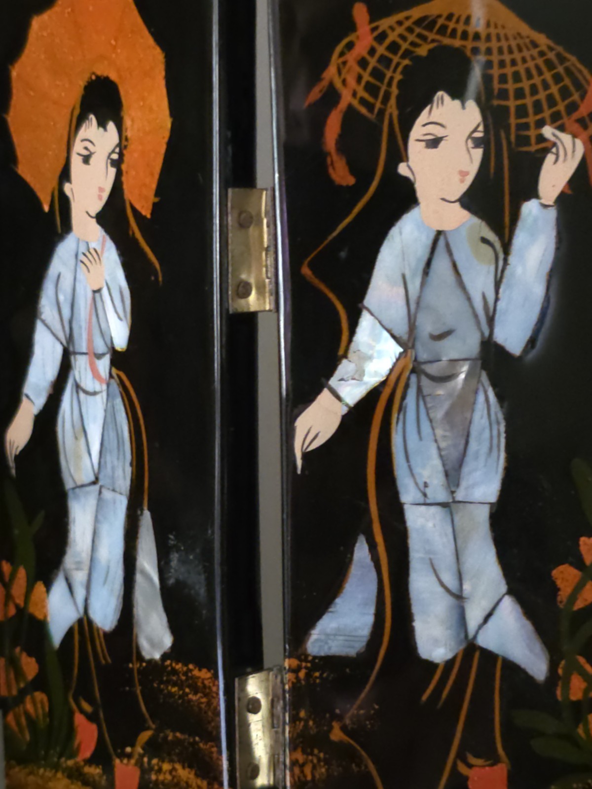 Asian Tabletop Folding Screen Hand Painted Lacquered 6 Panel 2 Sided 8×14.5 In