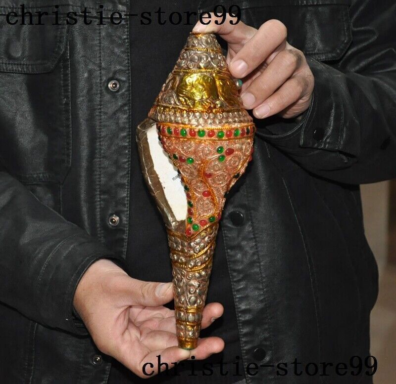 10″Tibet Buddhism bronze Gilt silver Filigree Inlay gem Conch Trumpet Horn Shell