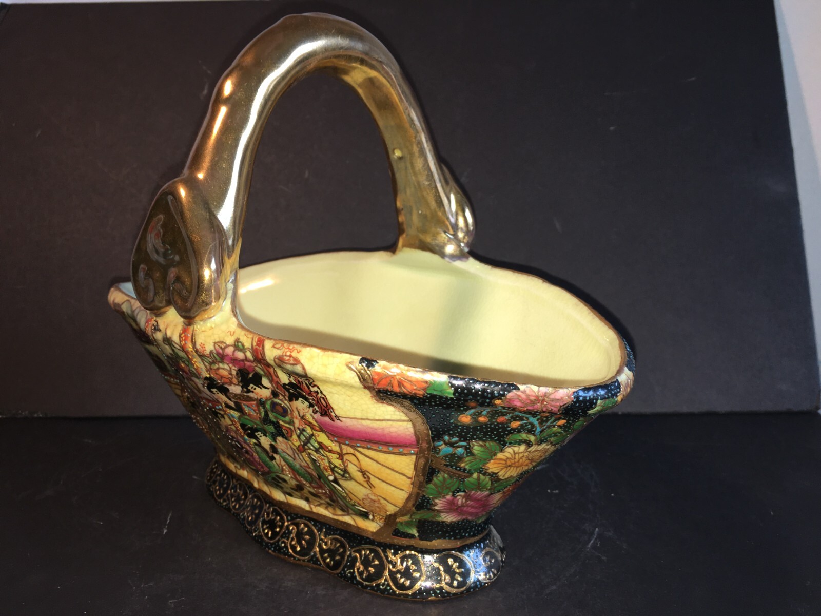 Vintage Gilt Satsuma Porcelain Basket w/Intricate Geisha Group Painting 10″ long