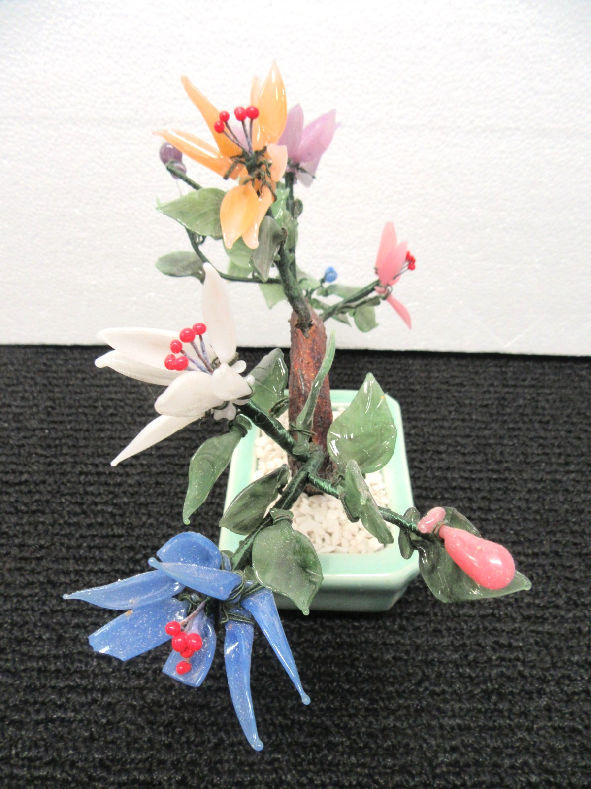 Vintage Chinese Jade Glass Bonsai Tree 10″ W x 8″ T Multi Color Flowers #NR
