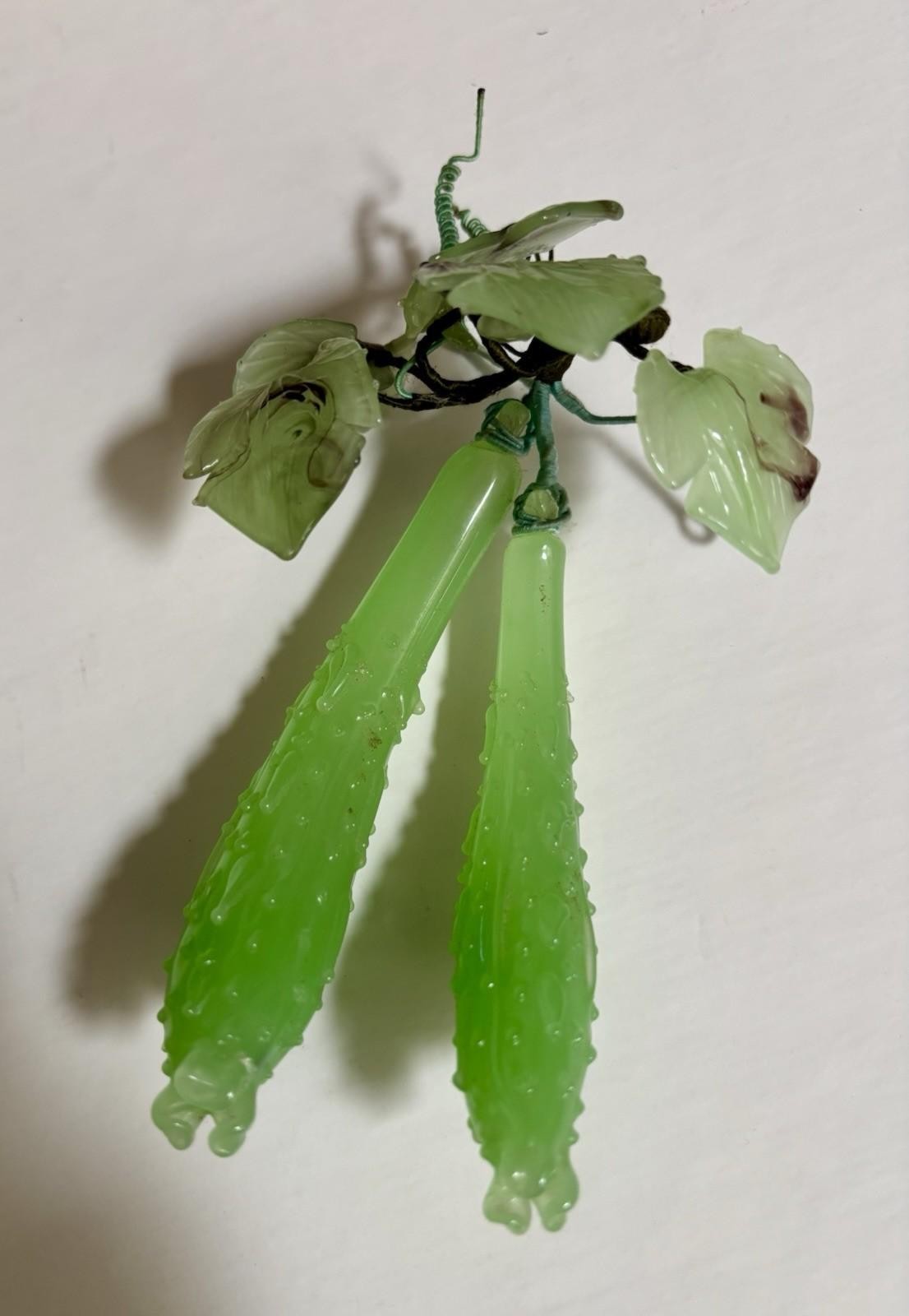 Vintage Chinese Jade Green Glass Pair of Cucumbers with 5 Jade Green Leaves