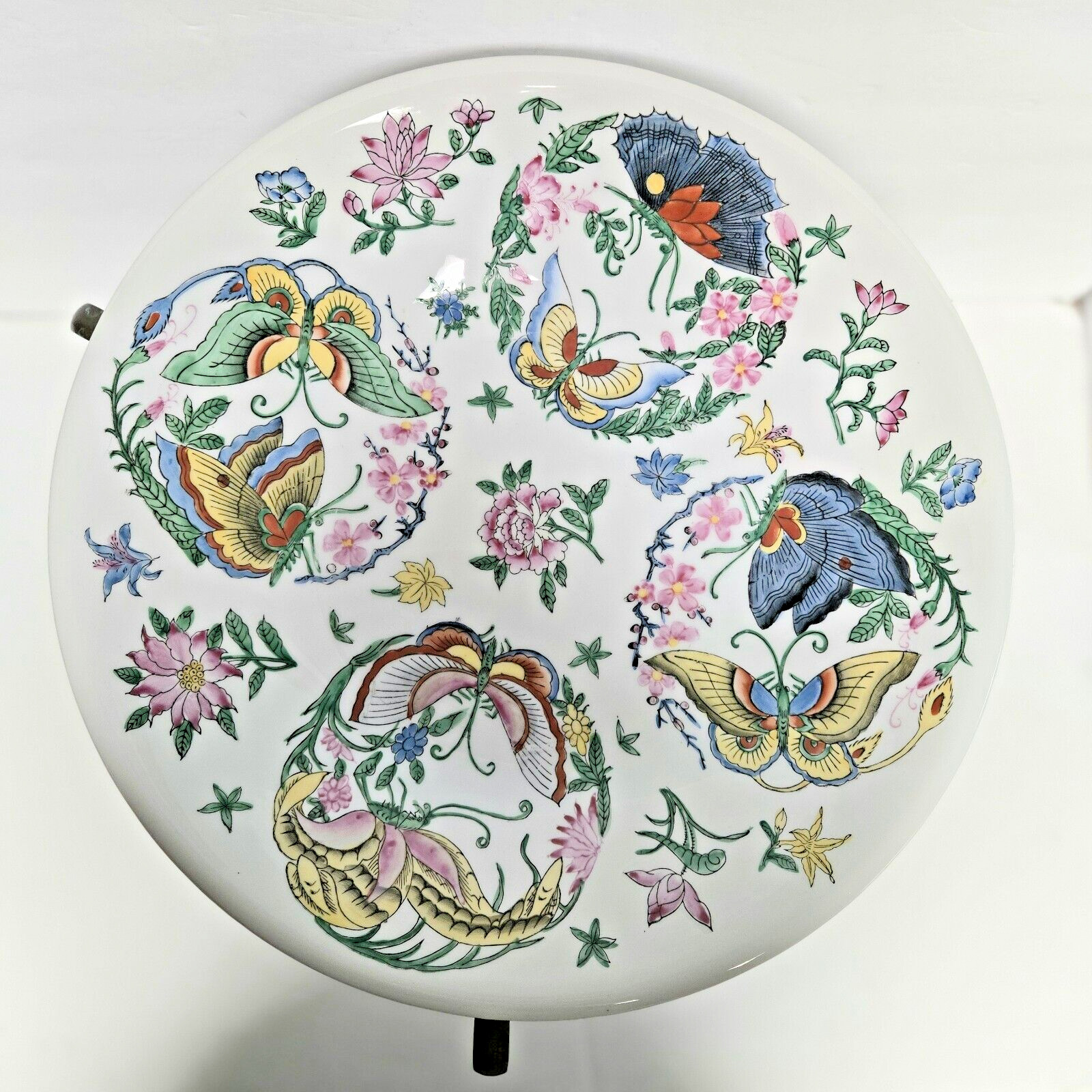 Lg. Chinese Porcelain 14″ Bowl w Brass Stand Hand-Painted Butterflies & Flowers