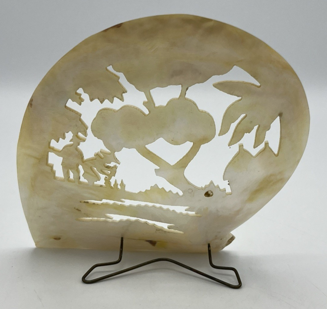 Carved Mother of Pearl Shell Asian Scene with Stand 6″ Tall