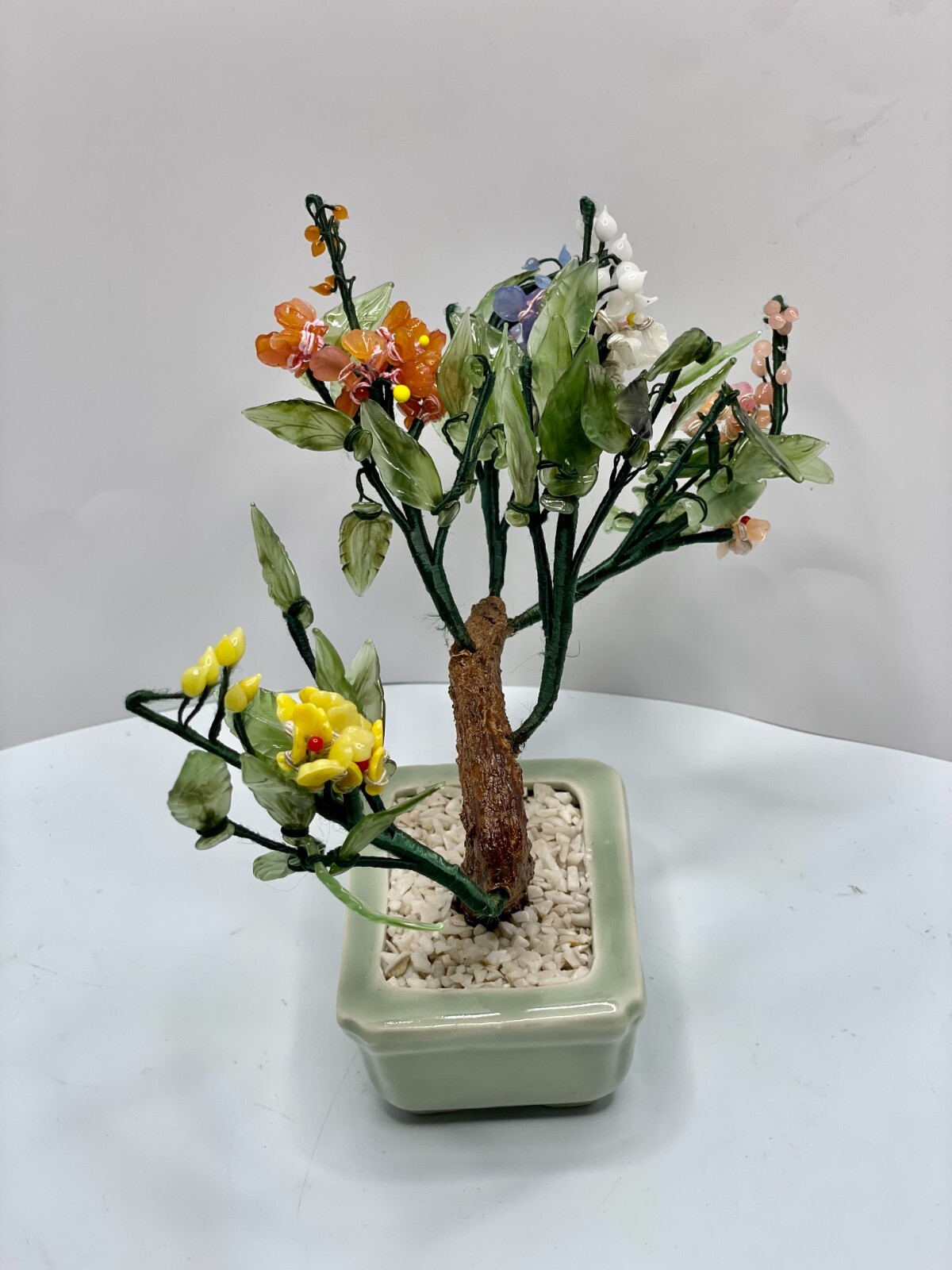 1960’s Hand Carved Chinese Jade Agate Stone Glass Bonsai Multicolor Mineral Tree
