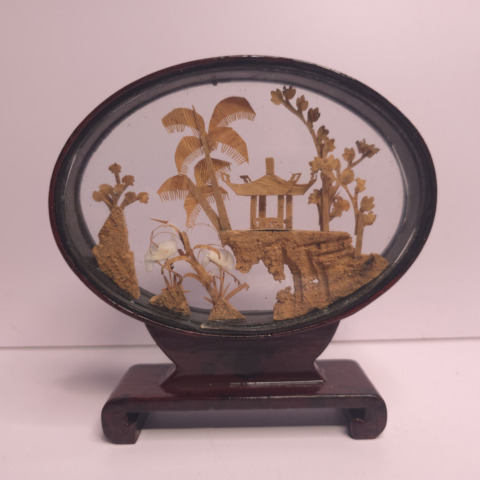 VINTAGE CHINESE DIORAMA CORK CARVING GLASS CASE PAGODA TREES & CRANES.