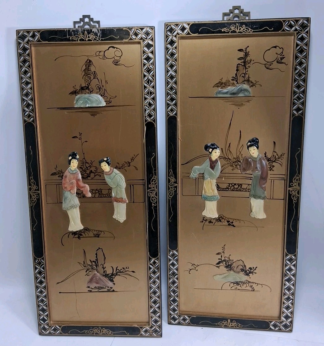 2 VTG Handmade Painted Asian Geisha Girls Wall Panels Read Description Look #2