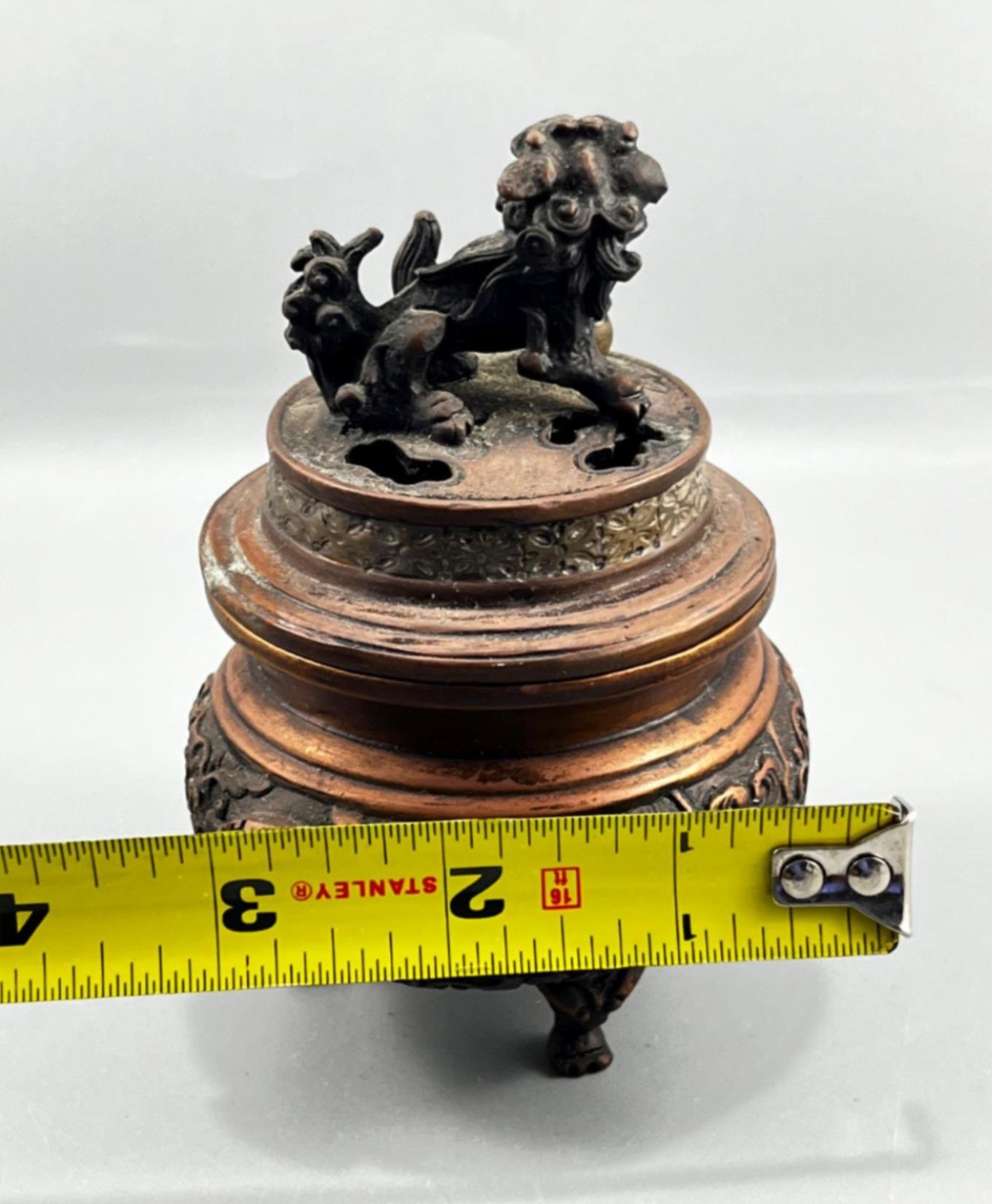 Antique Chinese Metal Bronze Brass Foo Dog Lion Ornate Incense Burner