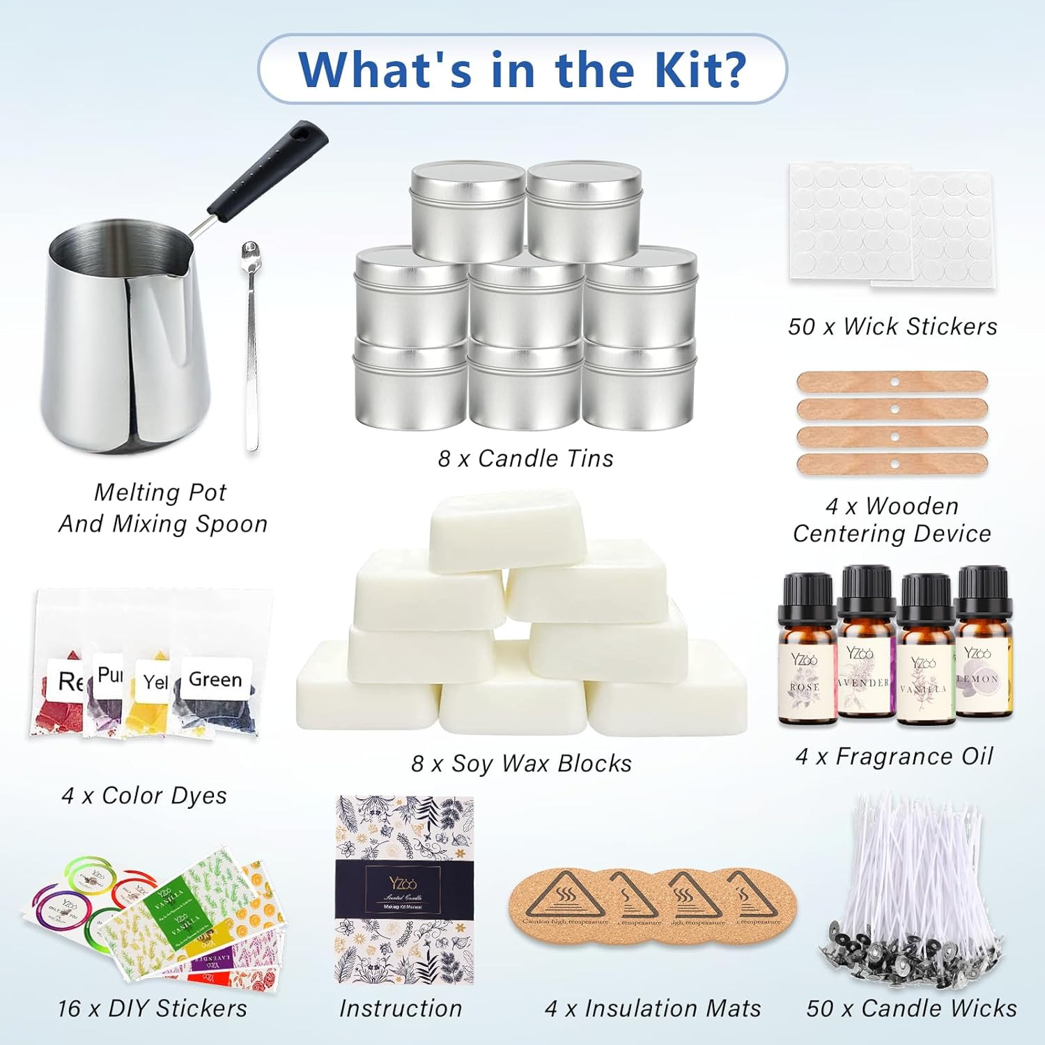 Complete Candle Making Kit 8 Tins Soy Wax Melting Pot Scents Dyes Wicks DIY Set