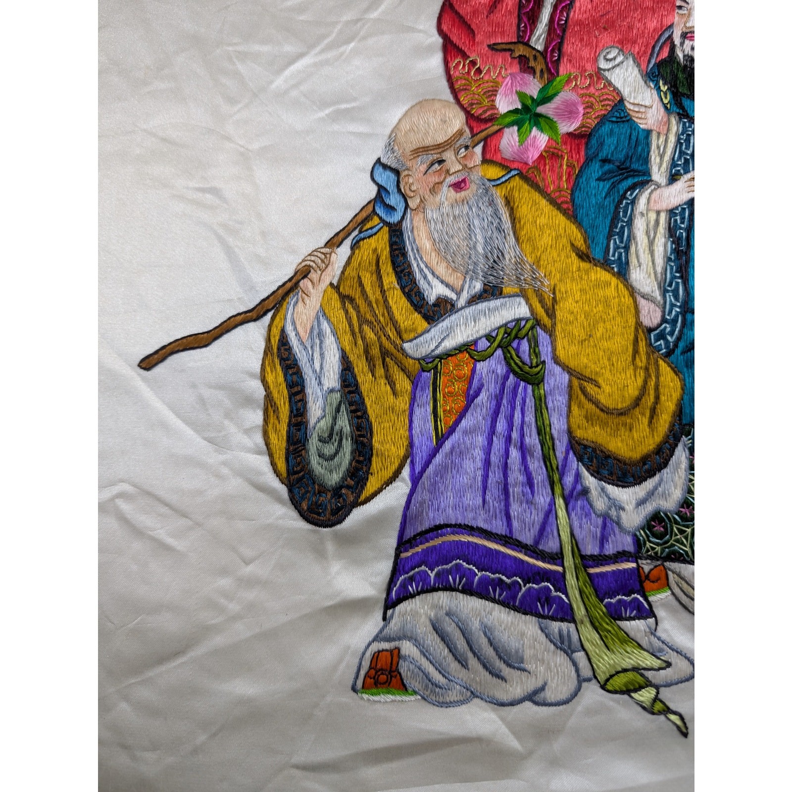 Vintage Chinese Hand Embroidered Three Immortals Fu Lu Shou Tapestry 23x14in