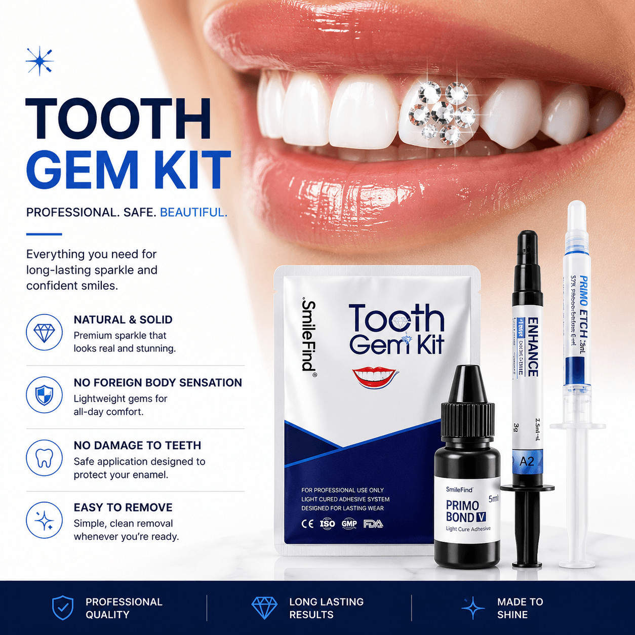 Tooth Gem Glue Kit Professional Adhesive Etch Bond Light Cure Dental Gems