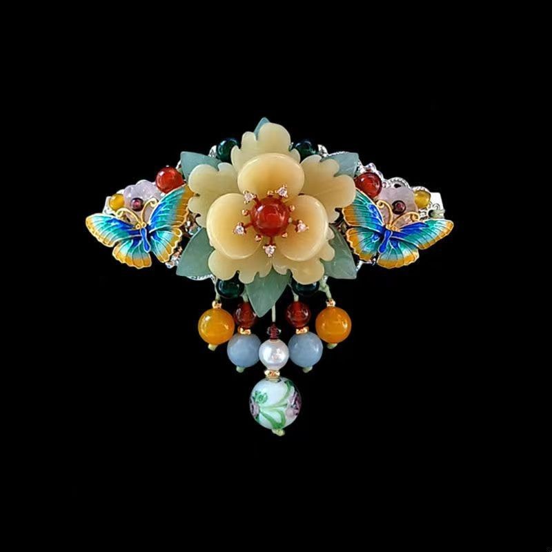Vintage Cloisonne Top Clip Butterfly Flower Spring Hairpin Retro Ponytail Clip