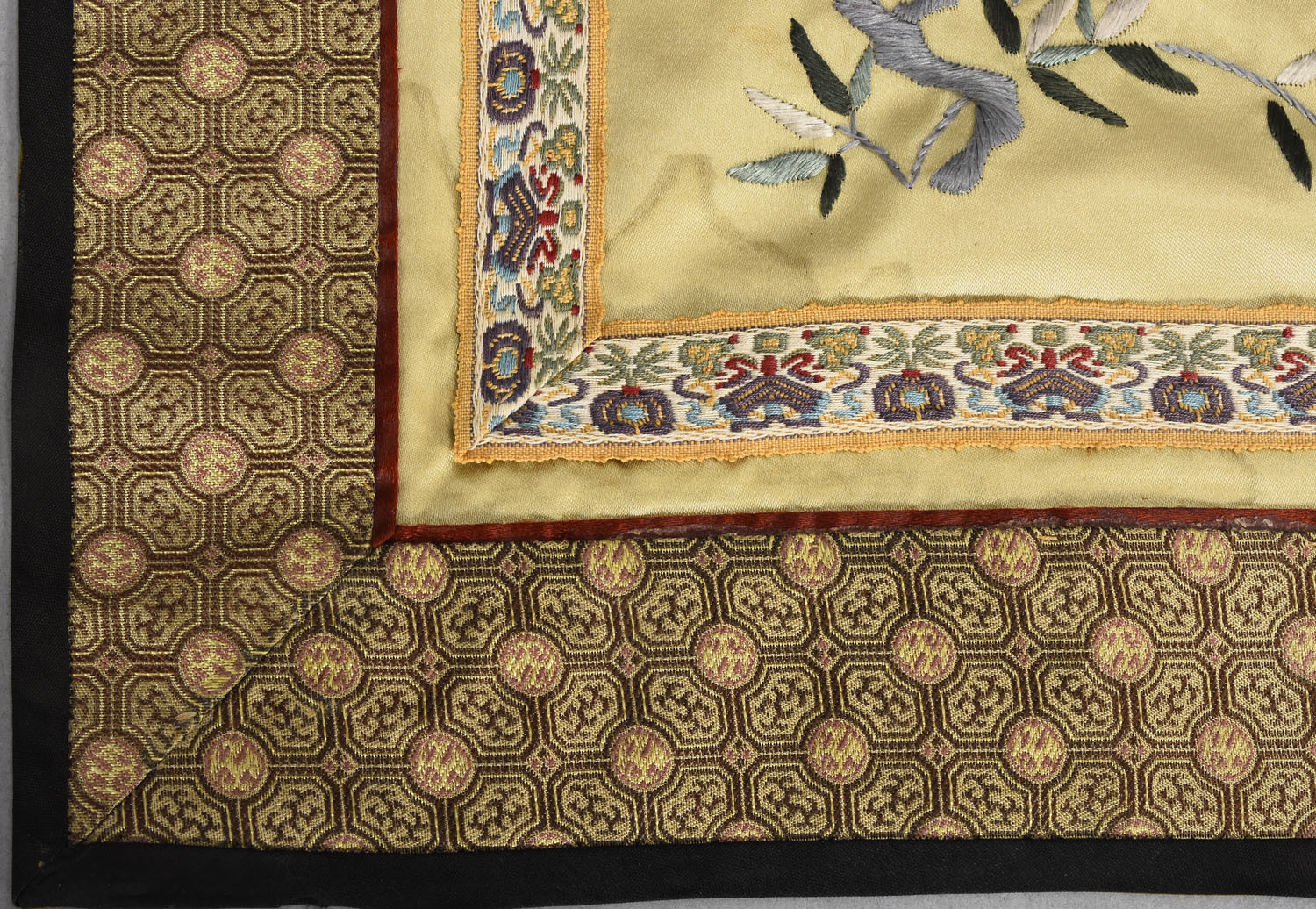 2 Old Chinese Floral Embroidered Silk Pieces w Brocade Borders 17×10 &10×11