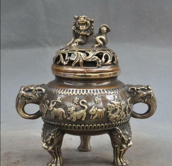 Old Chinese Bronze 12 Zodiac Foo Dog Lion Beast Statue Incense Burner Censer