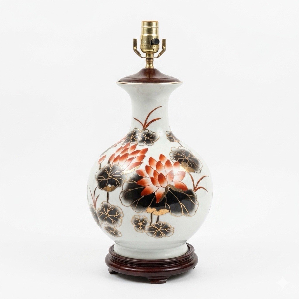 Vintage Chinese Porcelain Vase Lamp Hand Painted Lotus Flower Table Lamp 18″ T