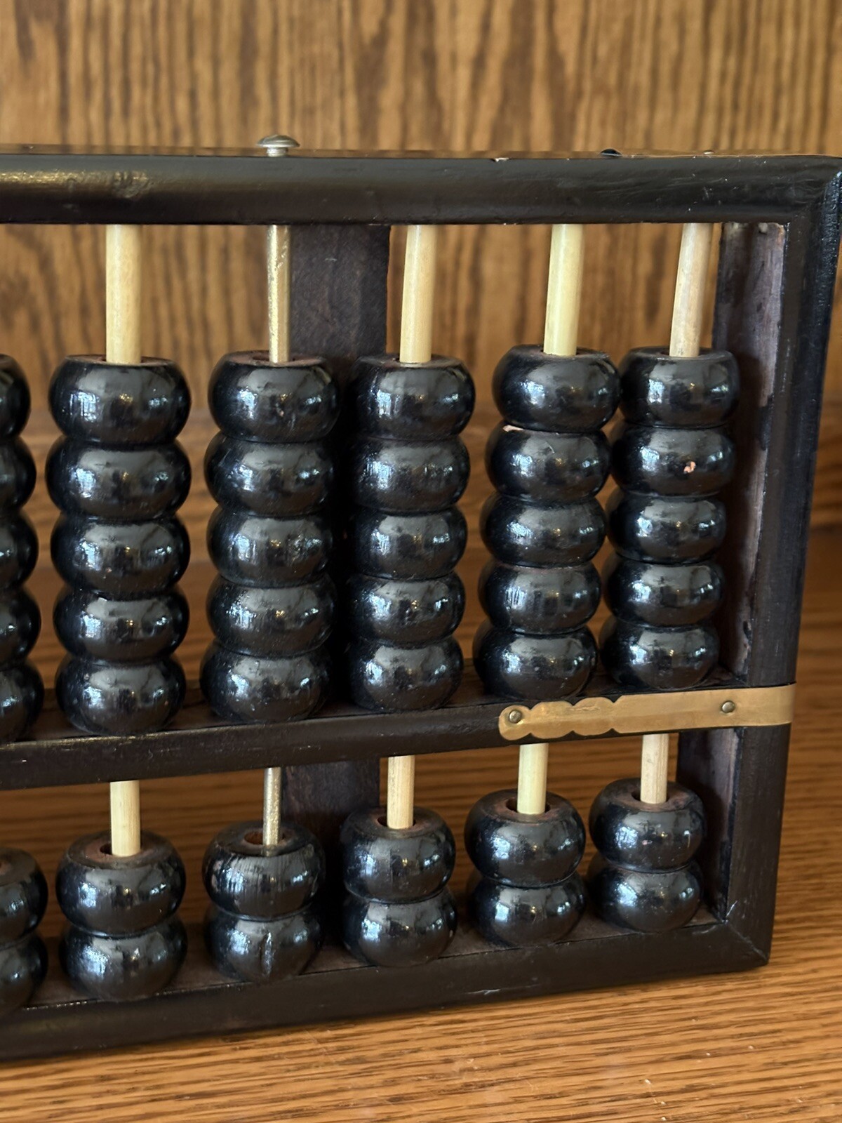 Vintage Zhejiang Chinese Black Wooden Abacus 13 Rods 91 Beads Brass Accents GVC
