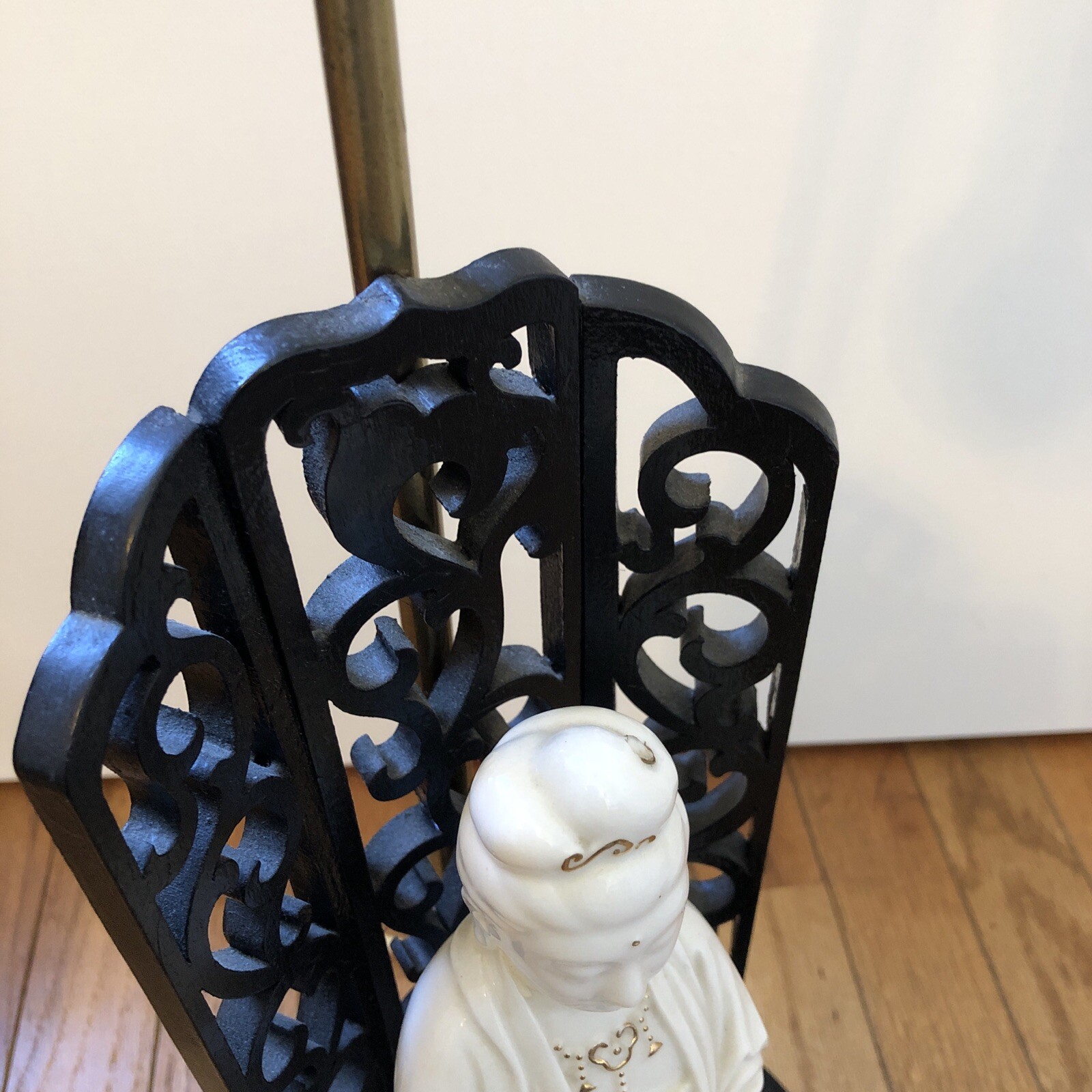 Blanc De Chine Buddha Figurine Lamp Green Shade Wooden Stand Vintage Asian Boho