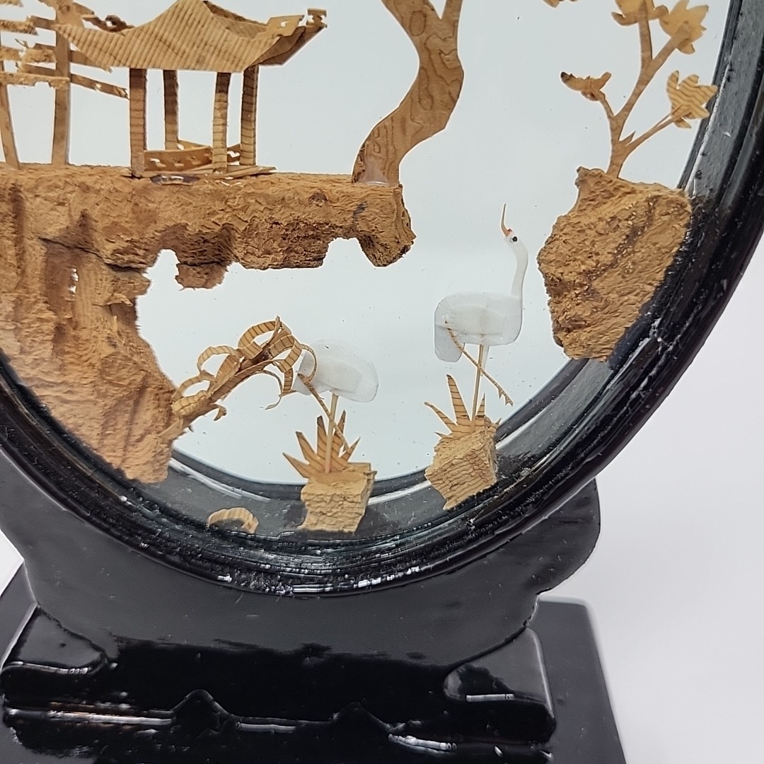Vintage Oval Chinese 3D Art Wood & Cork Diorama Asian Crane Tree on Pedestal