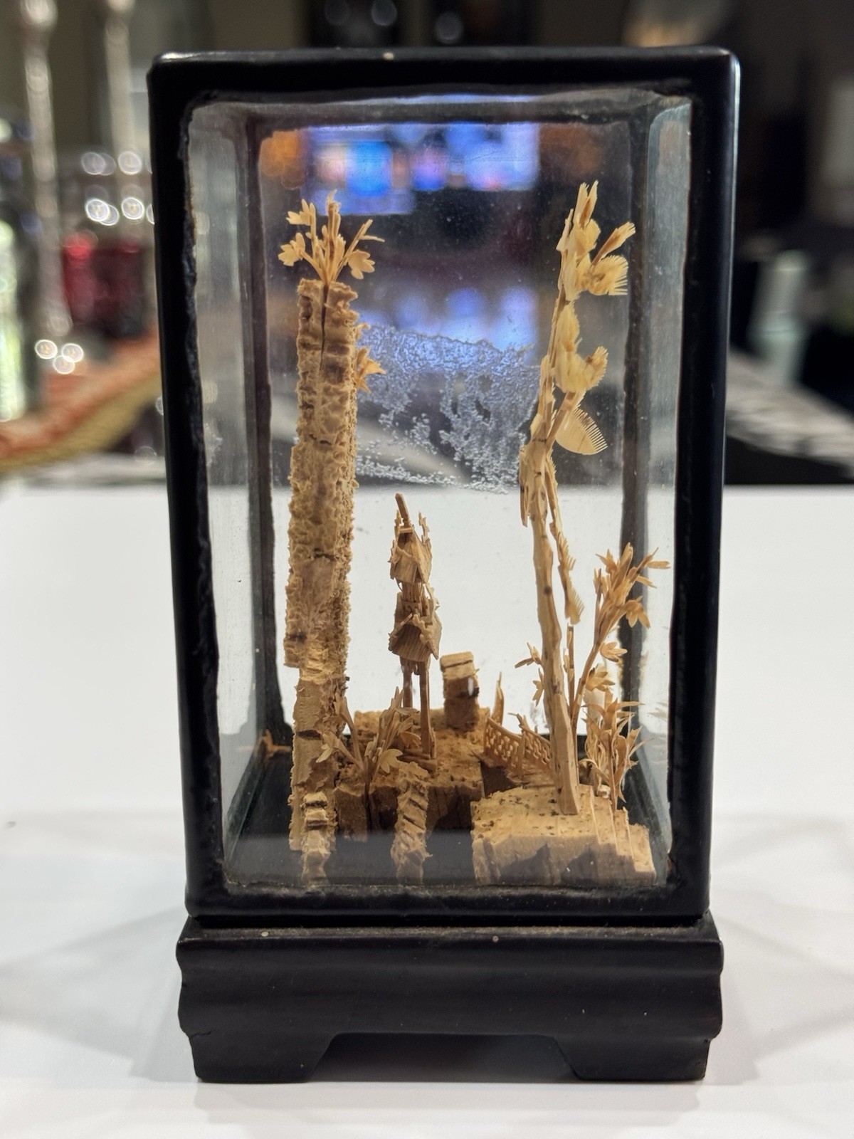 Vtg Miniature Chinese Carved Cork Diorama Art Glass Shadow Box Cranes Pagoda 3D