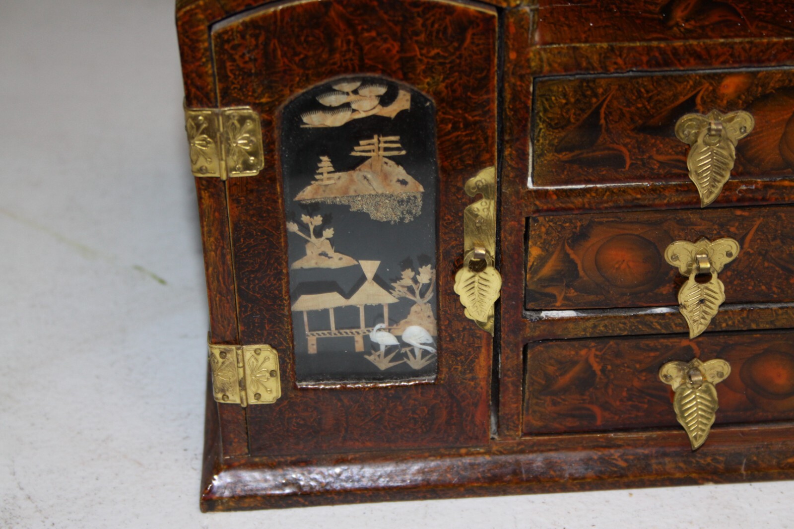 Asian Jewelry Wood Box with Cork Art Pagoda Scene Brass