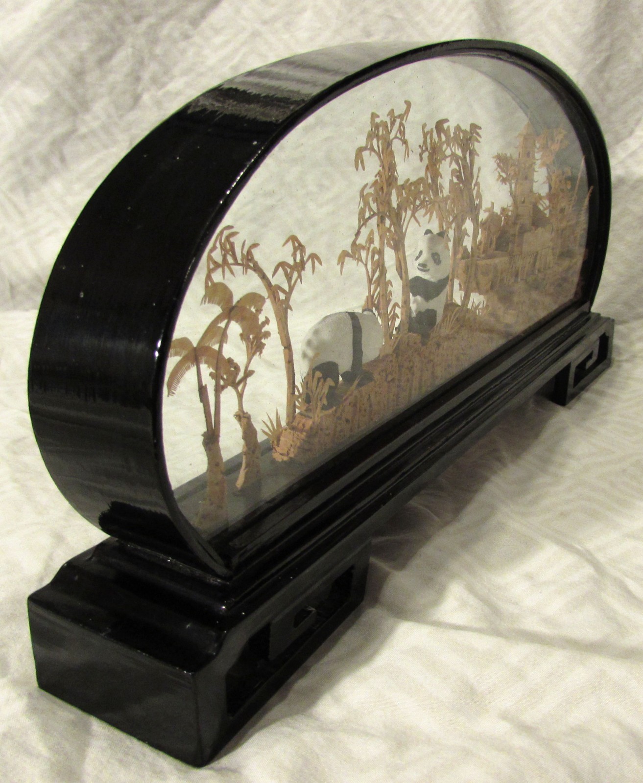 Vintage Chinese Panda Cork Diorama Arched Black Lacquered Shadow Box Case 1950s