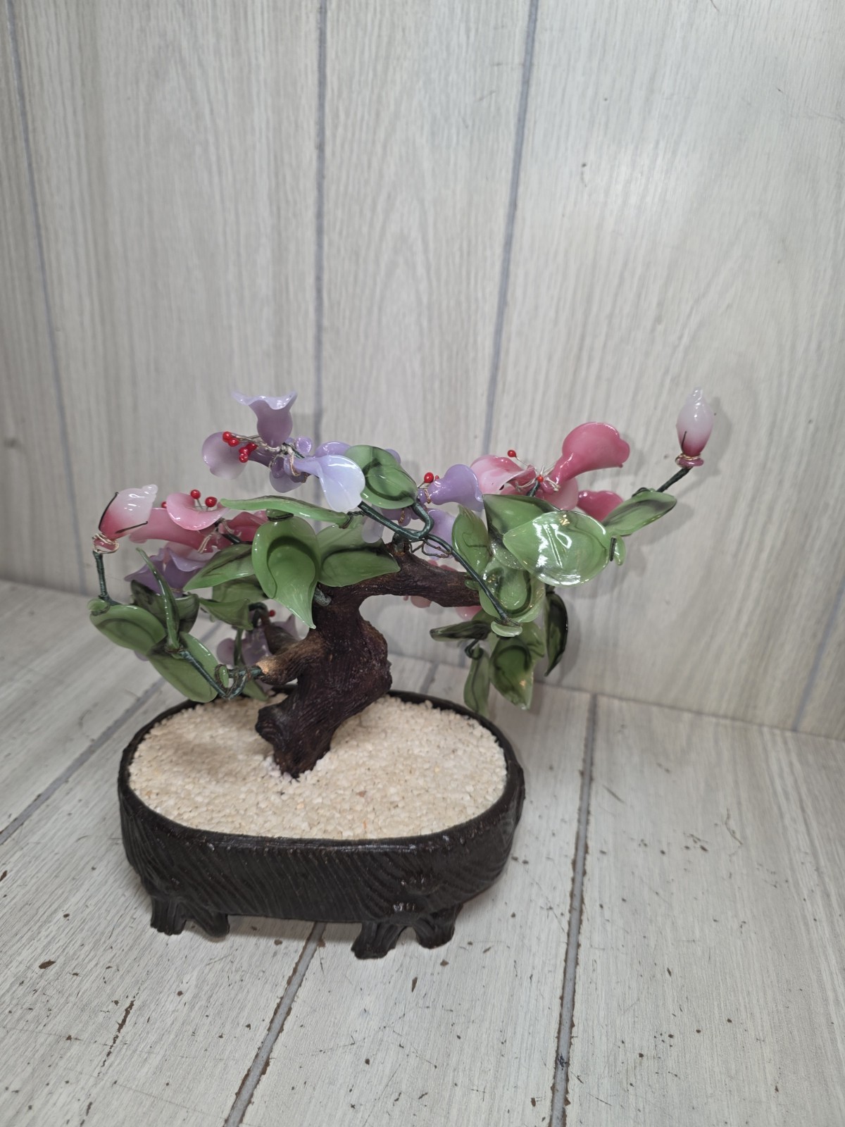 Vintage Chinese Peking Glass Jadeite Cherry Blossom Bonsai Tree Pink Purple MCM