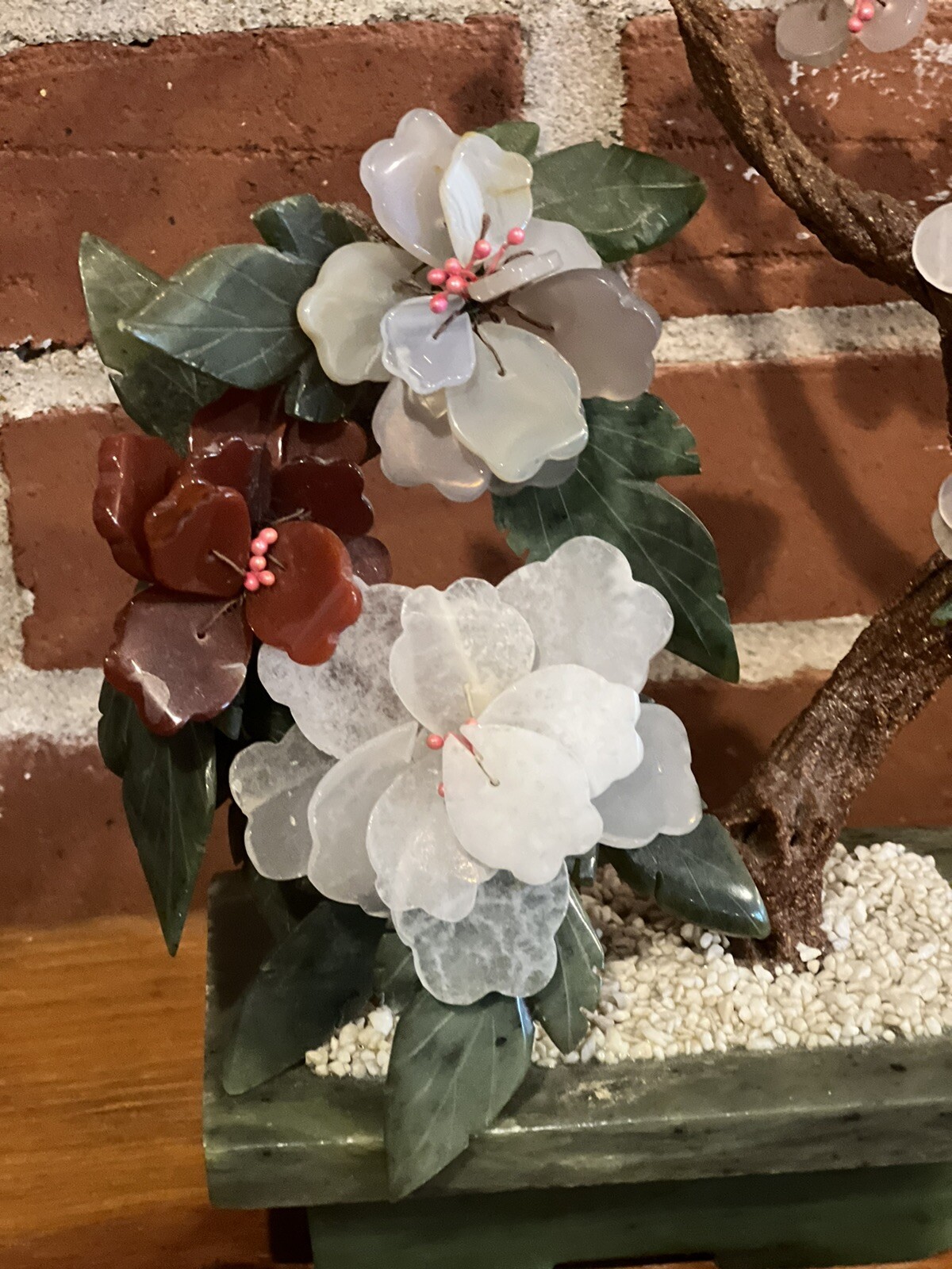 Vintage Chinese Jade Stone Glass Bonsai Mineral Tree Multi Color 9 x 10″