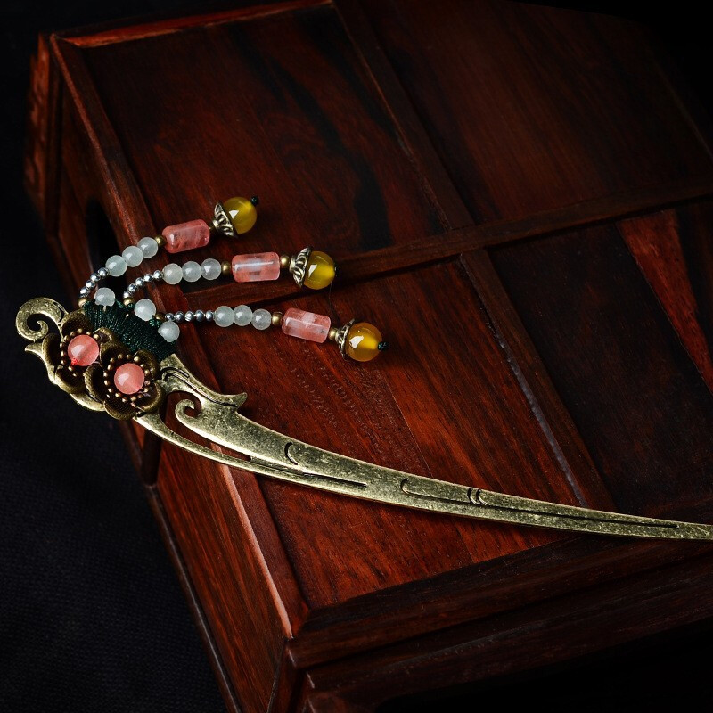 China Dongling Jade/Yellow Agate/Alloy Tassels Tibetan Style Fashion Hairpin
