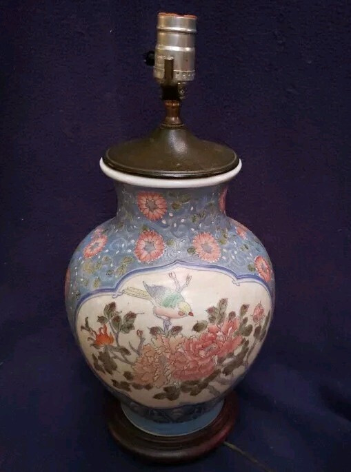 Vintage Chinese Porcelain Vase Table Lamp, Blue Floral & Bird Design 18.5″