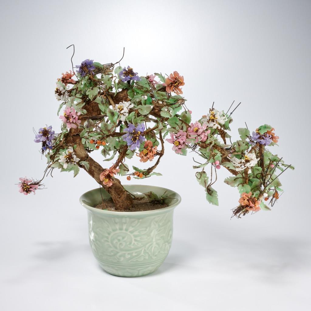 Chinese Jade Glass Stone Bonsai Multicolored Celadon Pot Trees 2pc Lot 17″l 8″l