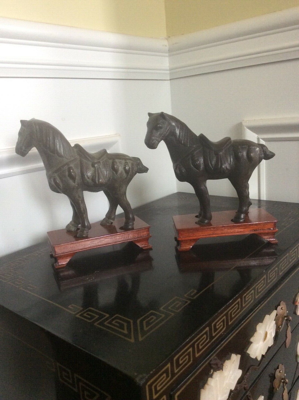 Chinese brass horses with wood stand