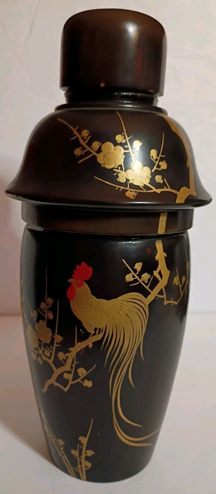Beautiful Fighting Gold Rooster Chicken Black Lacquer Wood Shaker & 5 Cups China