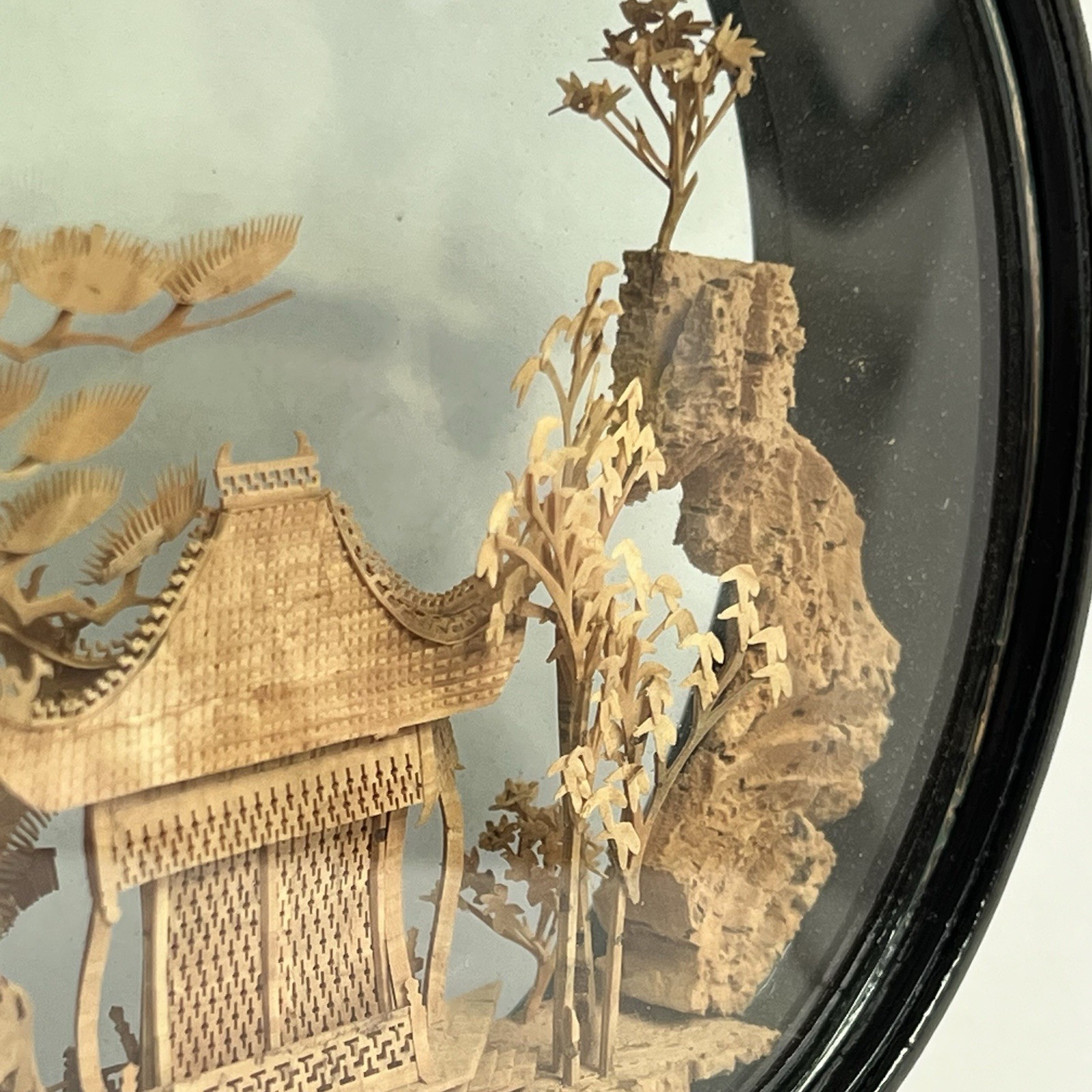 Vtg San Diorama Cork HandCarved W/ Pagoda Trees & Cranes In Glass Case 6X7”