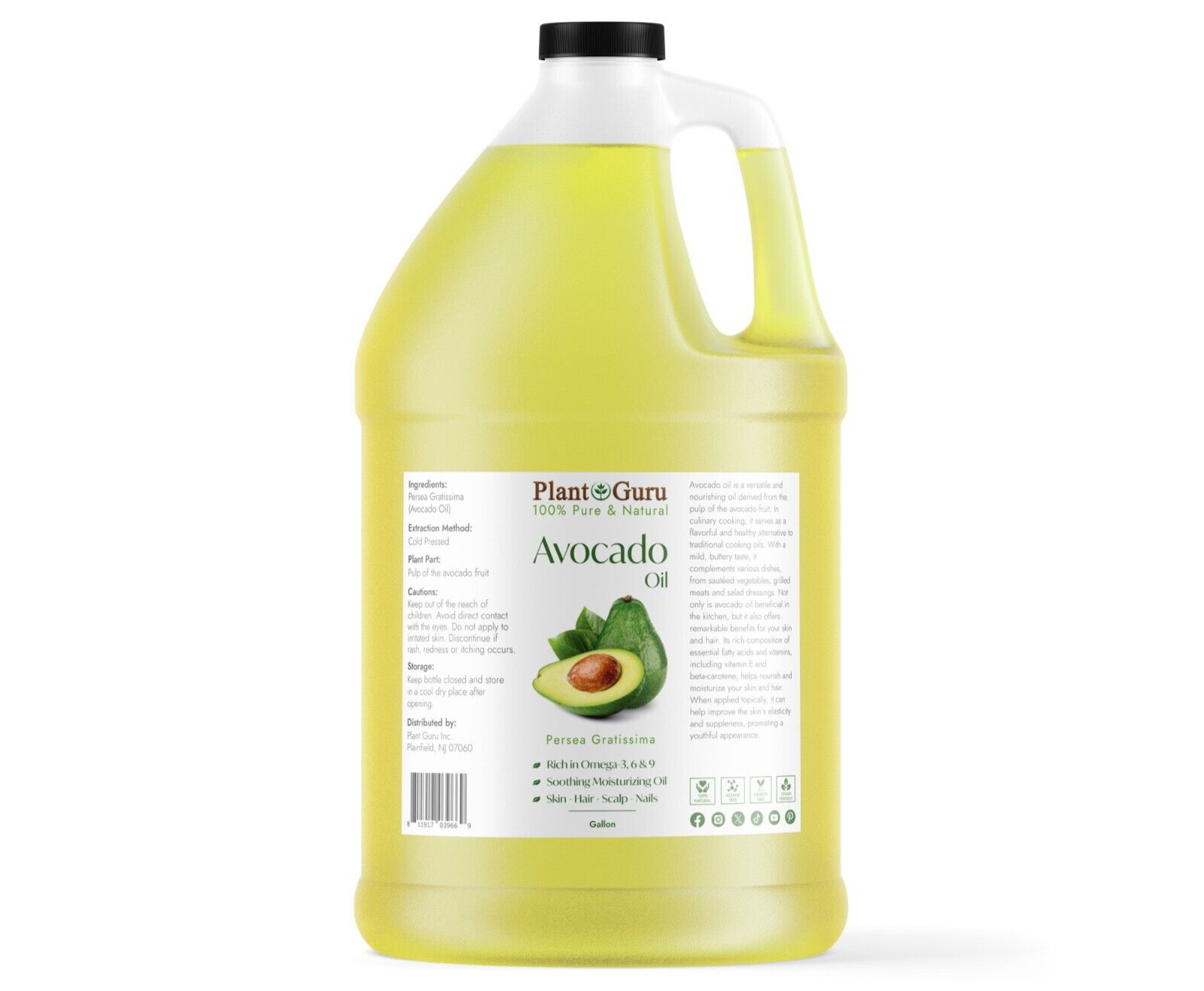 Avocado Oil Gallon 7.5 lbs. Cold Pressed 100% Pure Natural For Skin Hair Massage