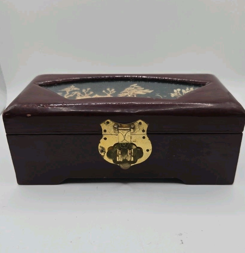 VTG San You Asian Jewelry Wood Box Diorama Cork Art Pagoda Scene Brass Lined