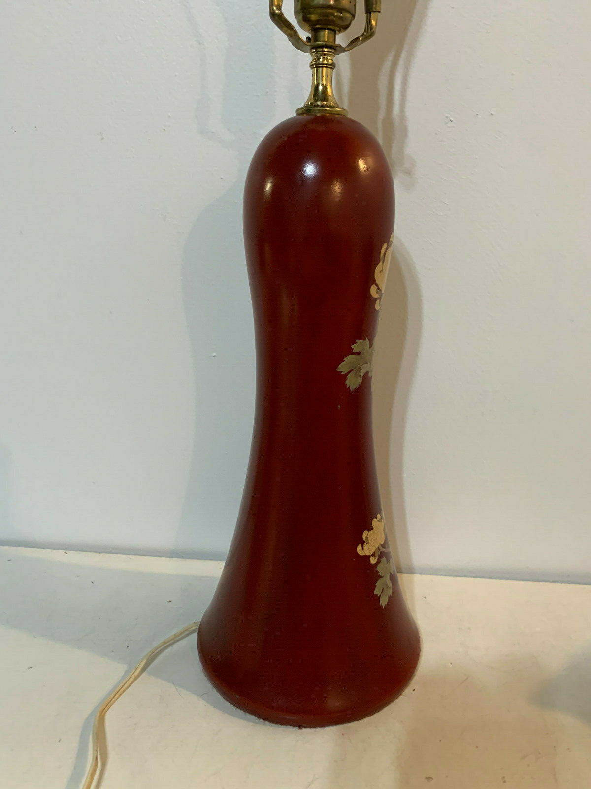 Vintage Chinese or Japanese Red Lacquer Lamp w/ Chrysanthemum Decoration